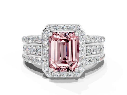 White gold Emerald Cut Halo Morganite Ring with Round  Split Shank and Prong Setting_12