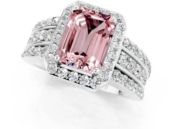 Silver Emerald Cut Halo Morganite Ring with Round  Split Shank and Prong Setting