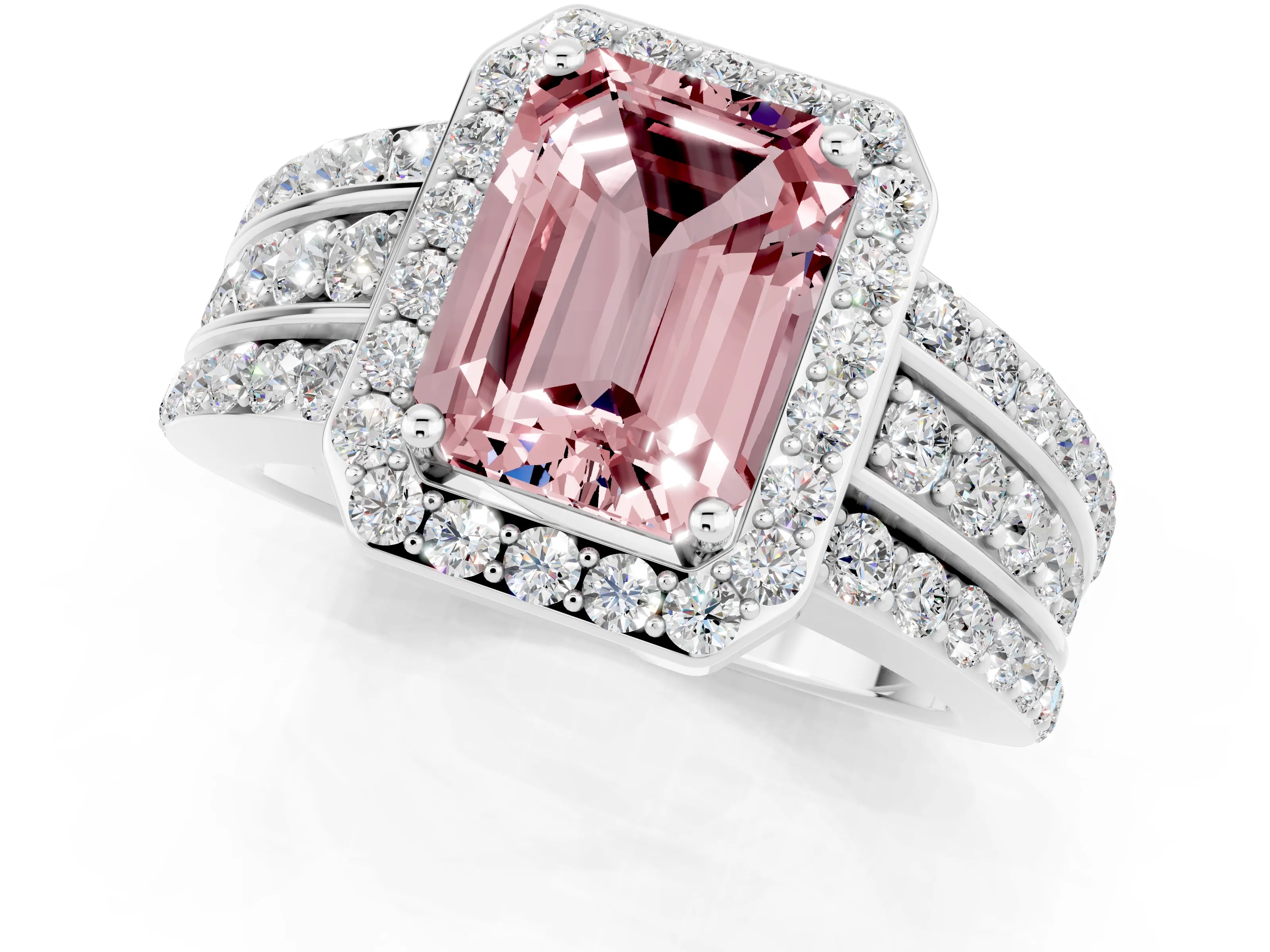 White gold Emerald Cut Halo Morganite Ring with Round  Split Shank and Prong Setting_13