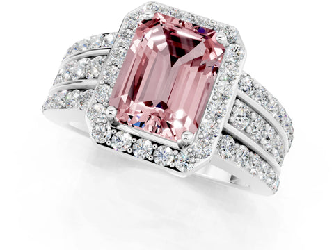 White gold Emerald Cut Halo Morganite Ring with Round  Split Shank and Prong Setting_13