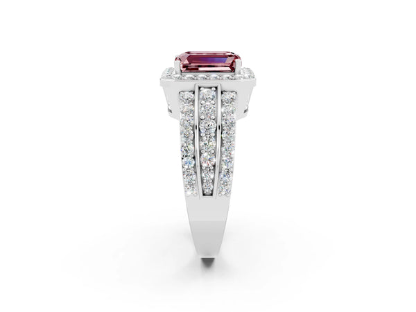 Silver Emerald Cut Halo Morganite Ring with Round  Split Shank and Prong Setting