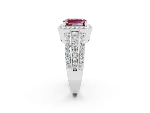 White gold Emerald Cut Halo Morganite Ring with Round  Split Shank and Prong Setting_14