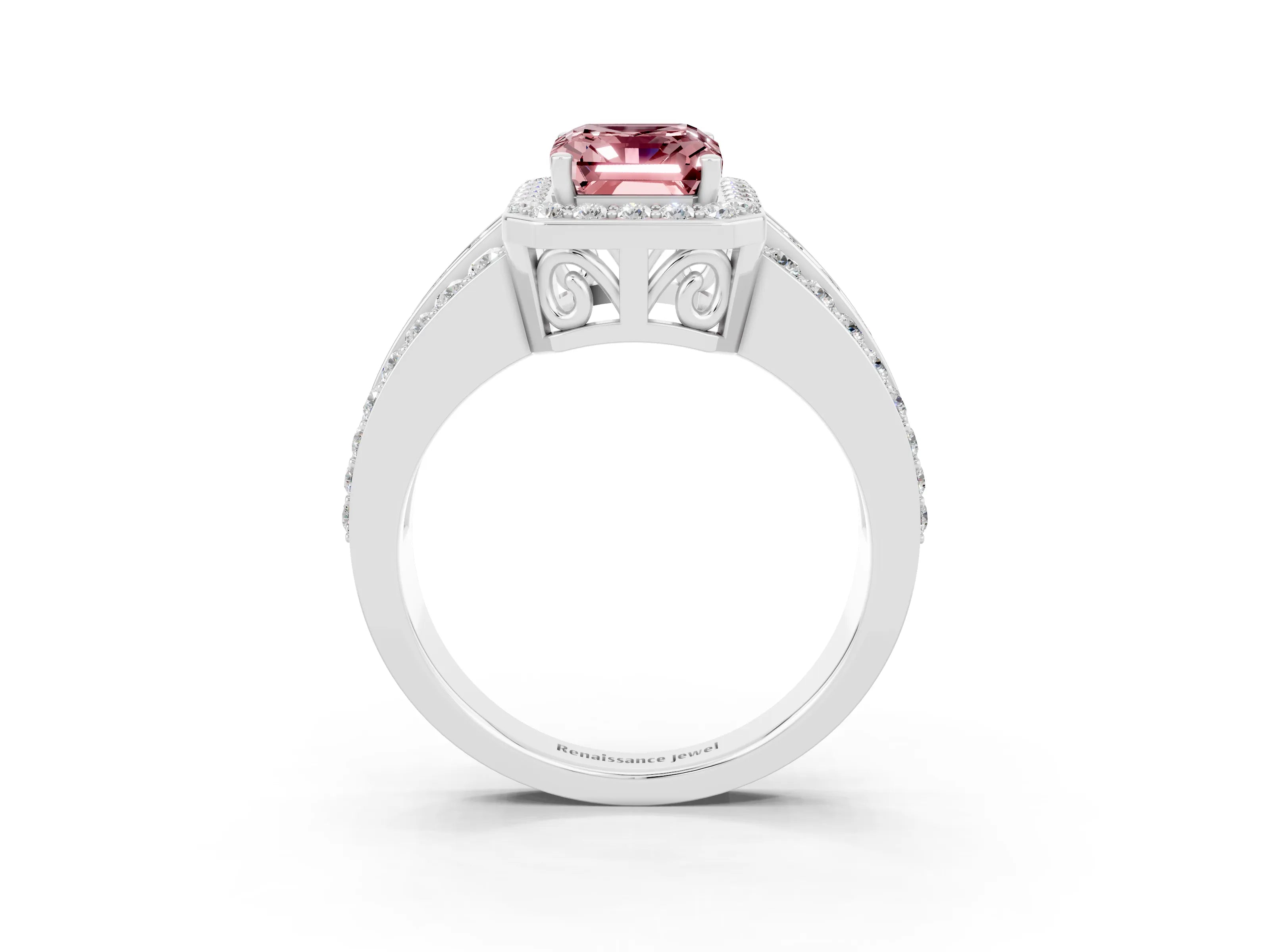 White gold Emerald Cut Halo Morganite Ring with Round  Split Shank and Prong Setting_15