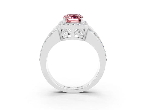 White gold Emerald Cut Halo Morganite Ring with Round  Split Shank and Prong Setting_15