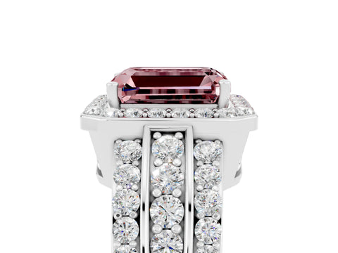 White gold Emerald Cut Halo Morganite Ring with Round  Split Shank and Prong Setting_17