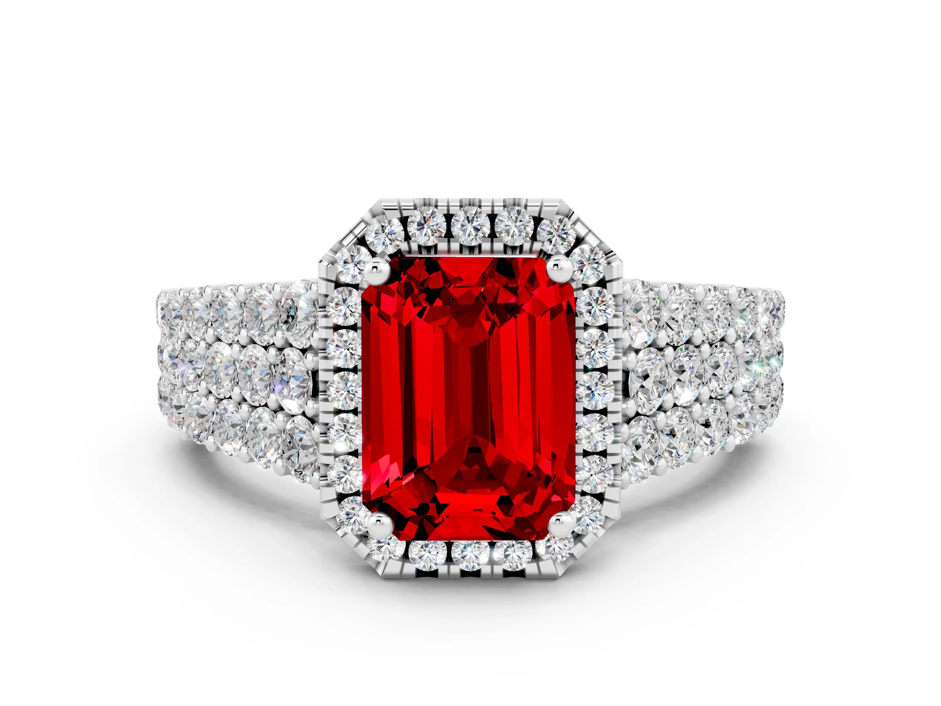 White gold Emerald Cut Halo Pavé Diamond Engagement Ring with Split Shank and Four-Prong Setting