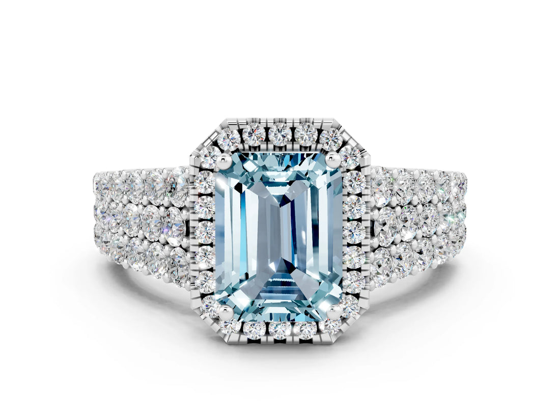White gold Emerald Cut Halo Pavé Diamond Engagement Ring with Split Shank and Four-Prong Setting