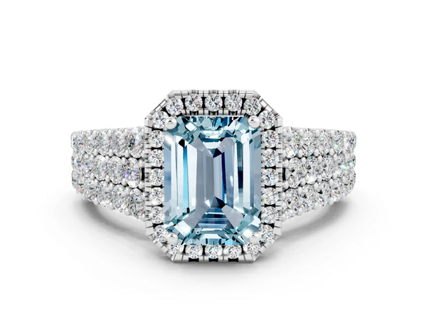 White gold Emerald Cut Aquamarine Halo Engagement Ring with Triple Row Round Pavé Band and Prong Setting