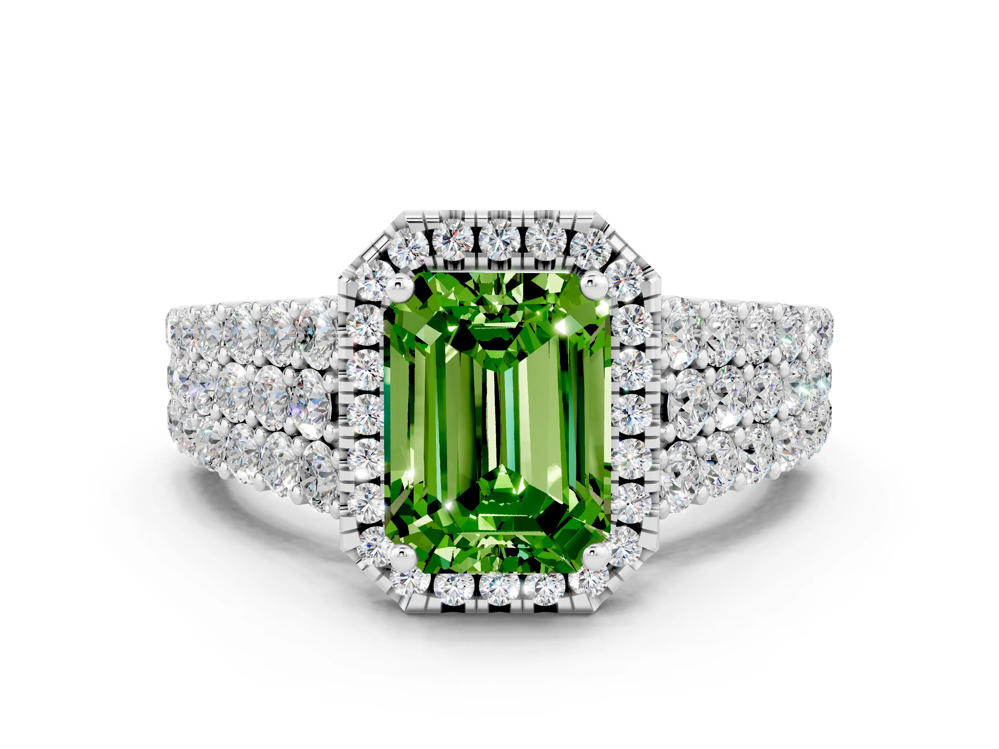 White gold Emerald Cut Halo Pavé Diamond Engagement Ring with Split Shank and Four-Prong Setting_12