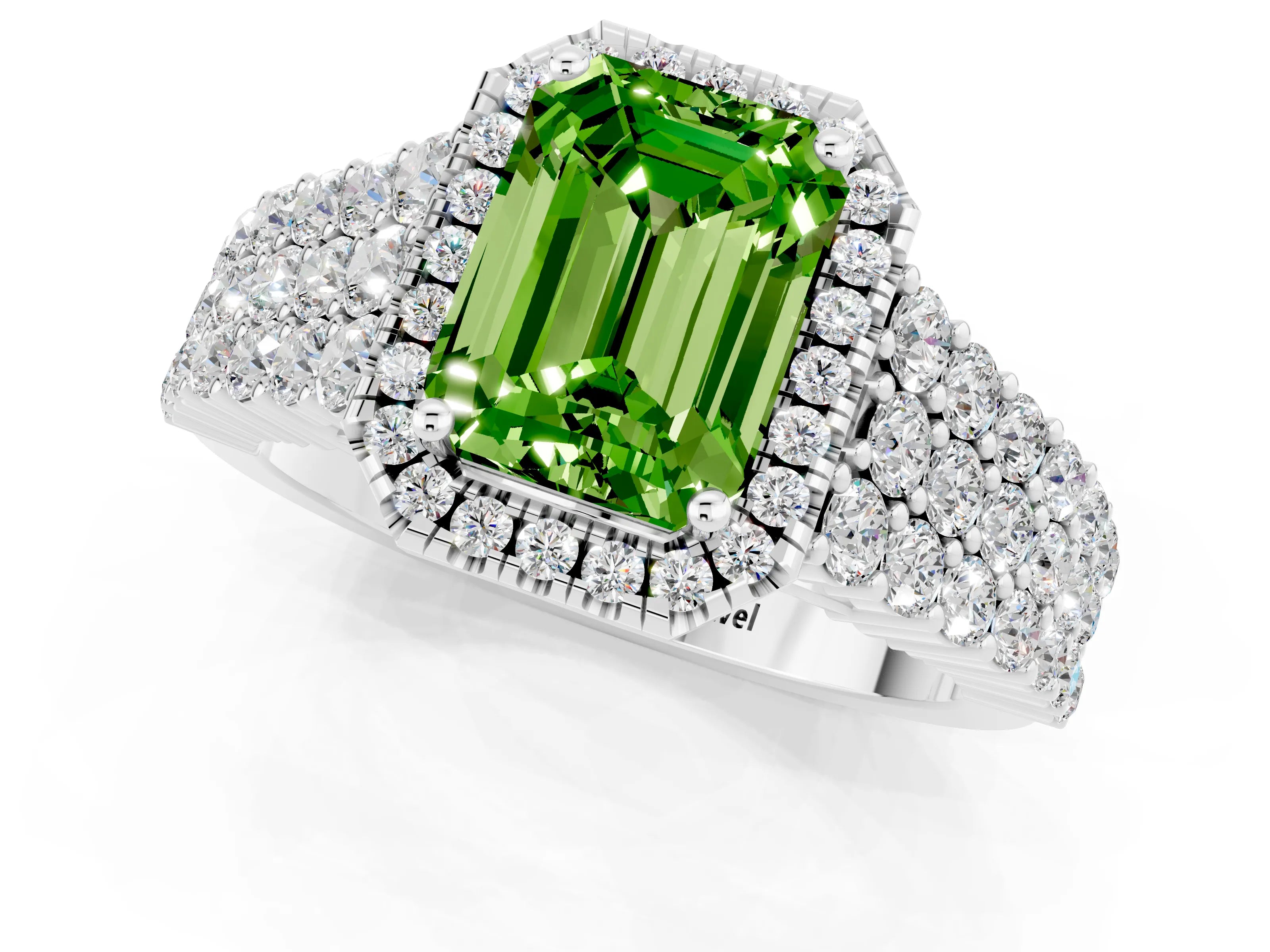 White gold Emerald Cut Halo Pavé Diamond Engagement Ring with Split Shank and Four-Prong Setting_13