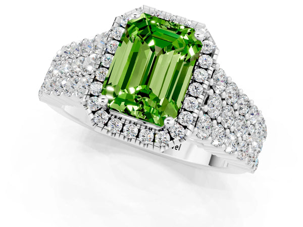 Platinum Emerald Cut Halo Pavé Diamond Engagement Ring with Split Shank and Four-Prong Setting