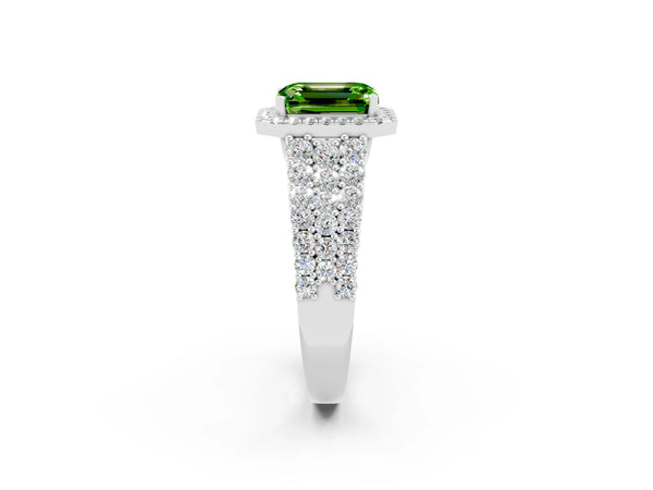White gold Emerald Cut Halo Pavé Diamond Engagement Ring with Split Shank and Four-Prong Setting