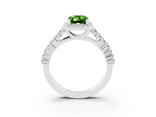 White gold Emerald Cut Halo Pavé Diamond Engagement Ring with Split Shank and Four-Prong Setting