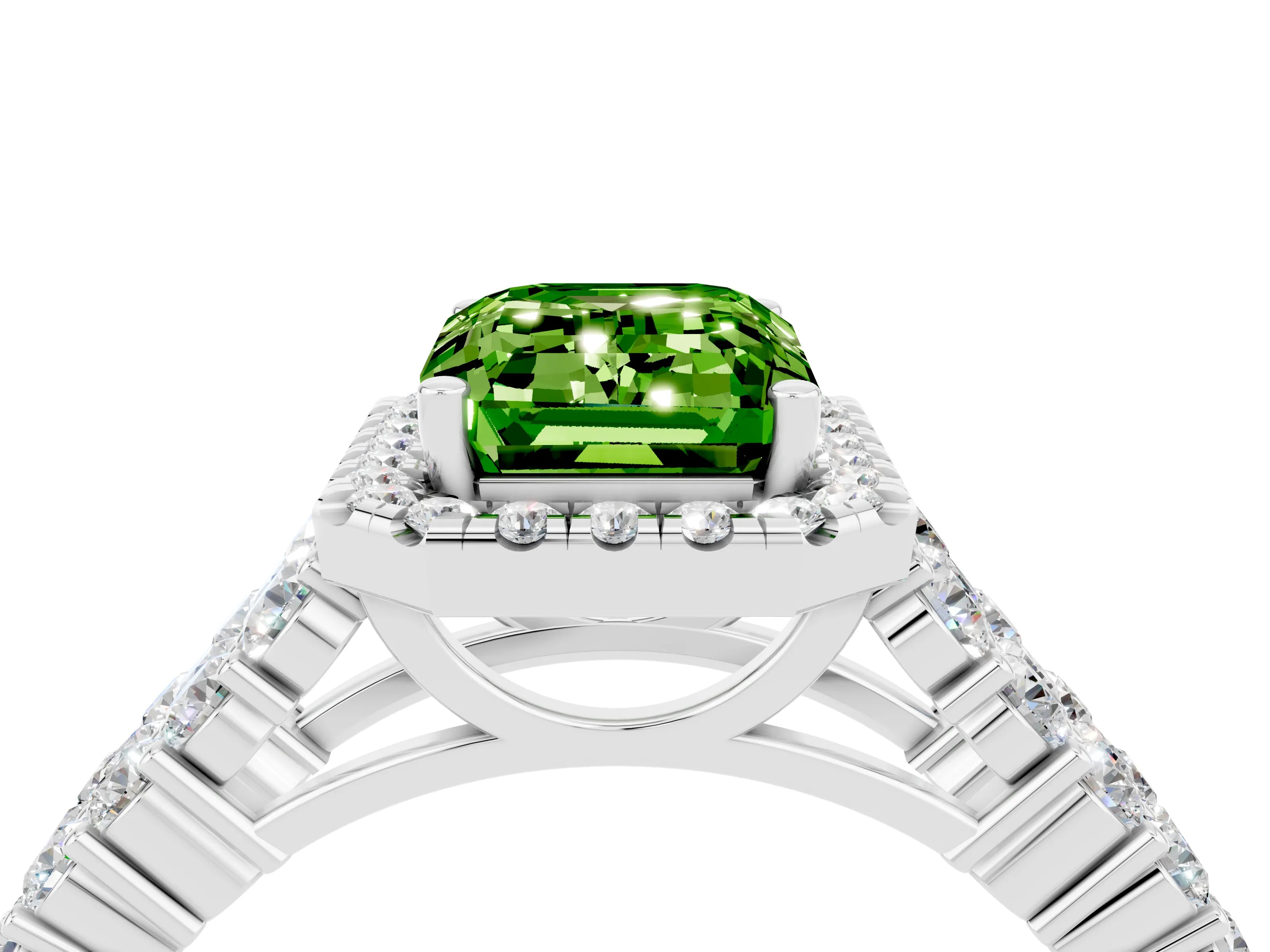 White gold Emerald Cut Halo Pavé Diamond Engagement Ring with Split Shank and Four-Prong Setting_16