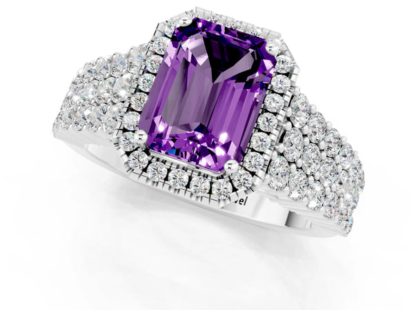 Silver Emerald Cut Amethyst Halo Engagement Ring with Triple Row Round Pavé Band and Prong Setting