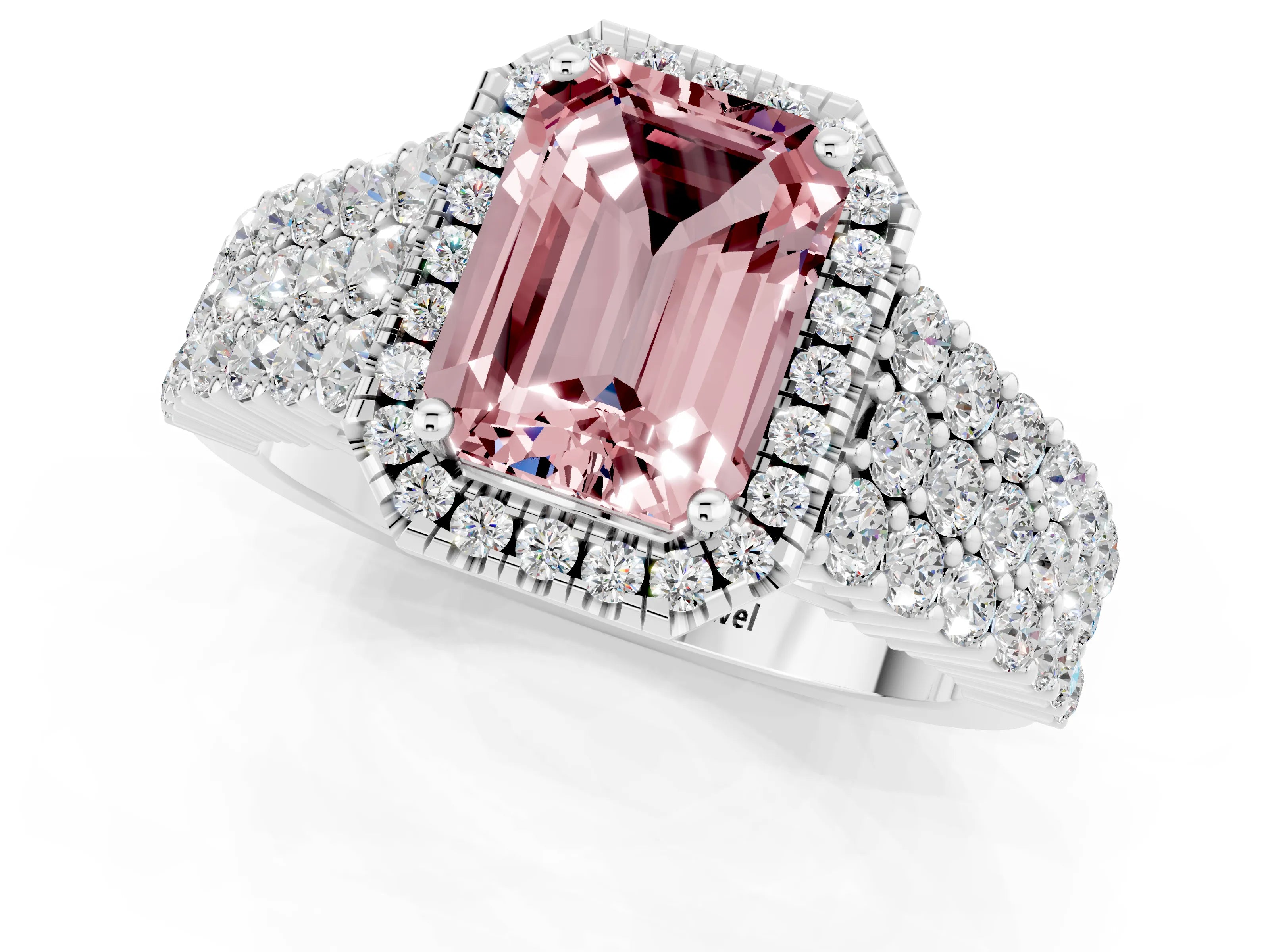 White gold Emerald Cut Halo Pavé Diamond Engagement Ring with Split Shank and Four-Prong Setting_1