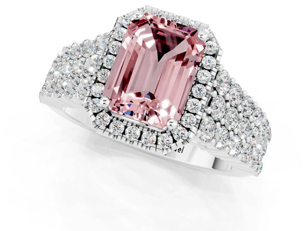 Platinum Emerald Cut Halo Pavé Diamond Engagement Ring with Split Shank and Four-Prong Setting