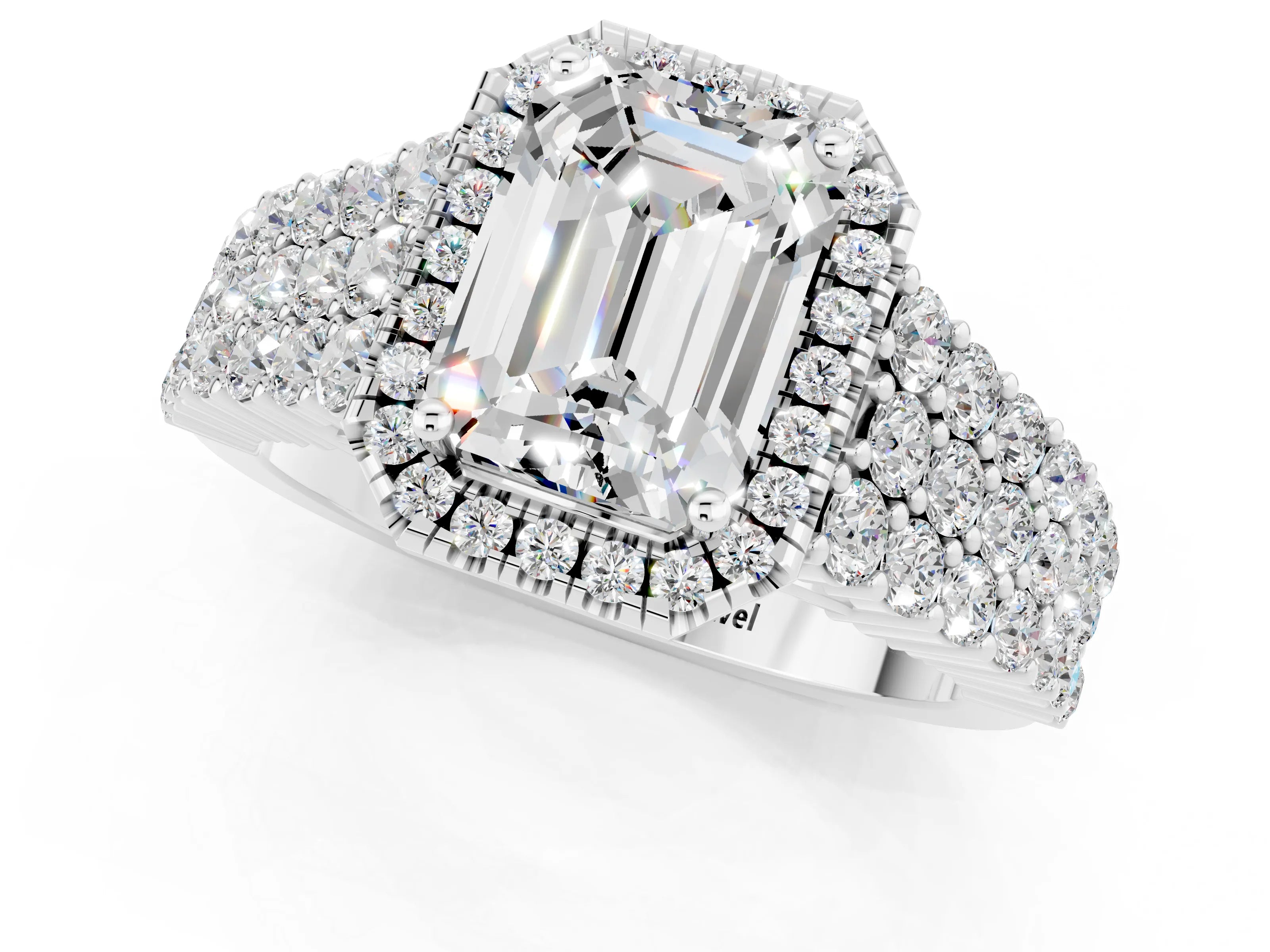 White gold Emerald Cut Halo Pavé Diamond Engagement Ring with Split Shank and Four-Prong Setting_1