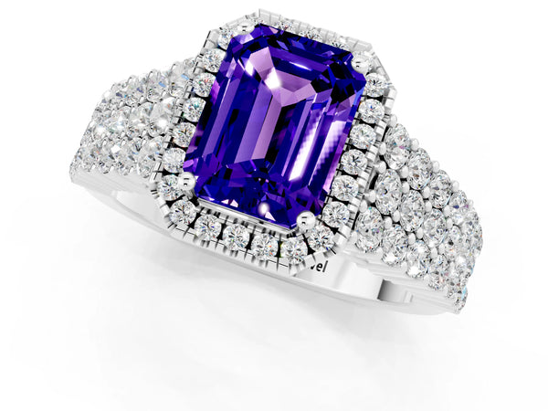 White gold Emerald Cut Tanzanite Halo Engagement Ring with Triple Row Round Pavé Band and Prong Setting