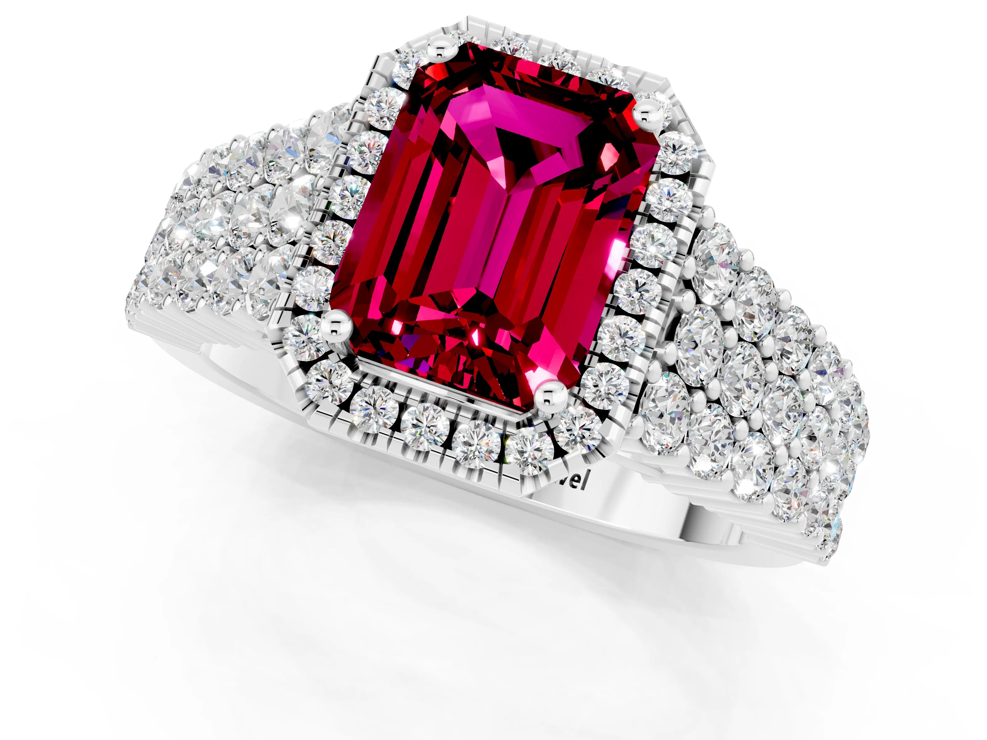 White gold Emerald Cut Halo Pavé Diamond Engagement Ring with Split Shank and Four-Prong Setting_1