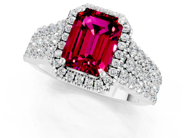 Platinum Emerald Cut Garnet Halo Engagement Ring with Triple Row Round Pavé Band and Prong Setting