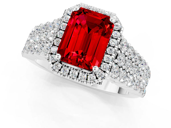 White gold Emerald Cut Halo Pavé Diamond Engagement Ring with Split Shank and Four-Prong Setting
