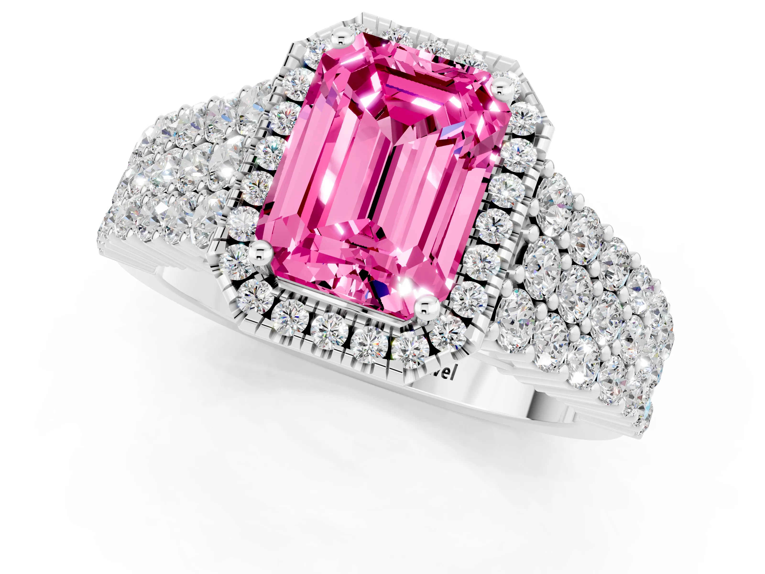 White gold Emerald Cut Halo Pavé Diamond Engagement Ring with Split Shank and Four-Prong Setting_1
