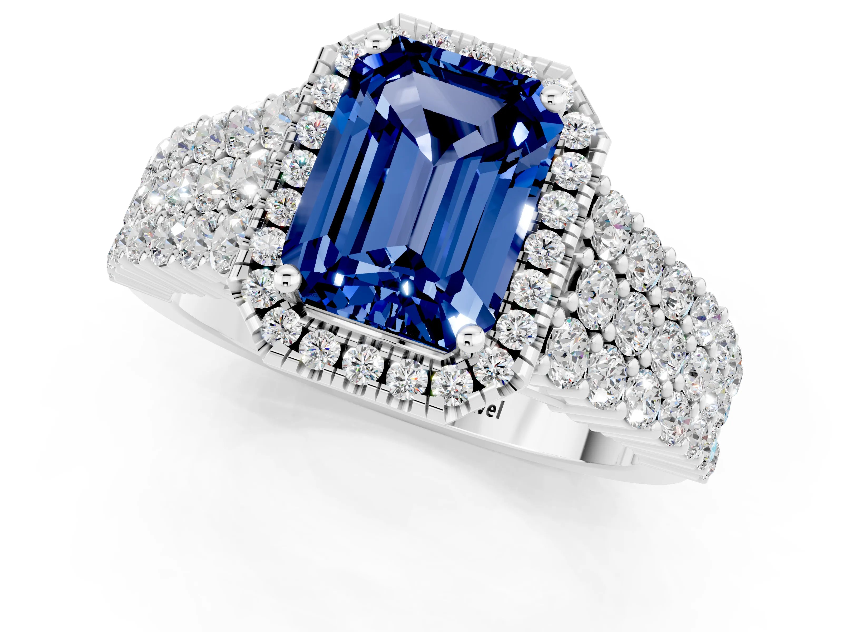 White gold Emerald Cut Halo Pavé Diamond Engagement Ring with Split Shank and Four-Prong Setting_1