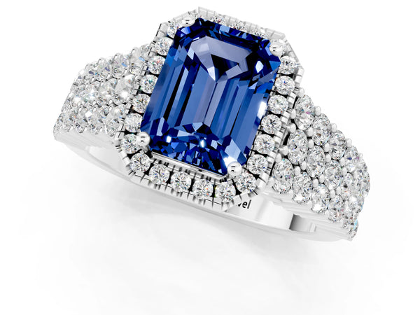 Platinum Emerald Cut Blue Sapphire Halo Engagement Ring with Triple Row Round Pavé Band and Prong Setting