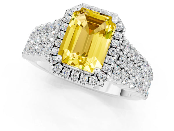Silver Emerald Cut Yellow Sapphire Halo Engagement Ring with Triple Row Round Pavé Band and Prong Setting