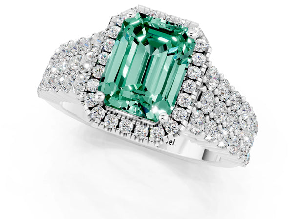 Platinum Emerald Cut Green Sapphire Halo Engagement Ring with Triple Row Round Pavé Band and Prong Setting