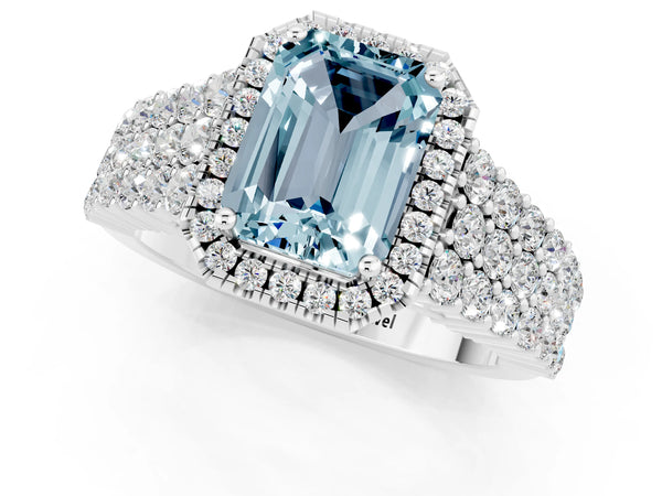 Platinum Emerald Cut Aquamarine Halo Engagement Ring with Triple Row Round Pavé Band and Prong Setting