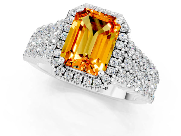Silver Emerald Cut Citrine Halo Engagement Ring with Triple Row Round Pavé Band and Prong Setting