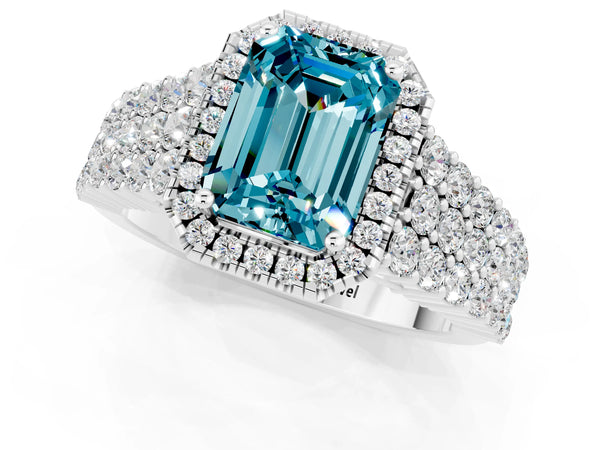 White gold Emerald Cut Halo Pavé Diamond Engagement Ring with Split Shank and Four-Prong Setting