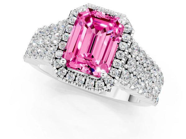 Platinum Emerald Cut Pink Sapphire Halo Engagement Ring with Triple Row Round Pavé Band and Prong Setting