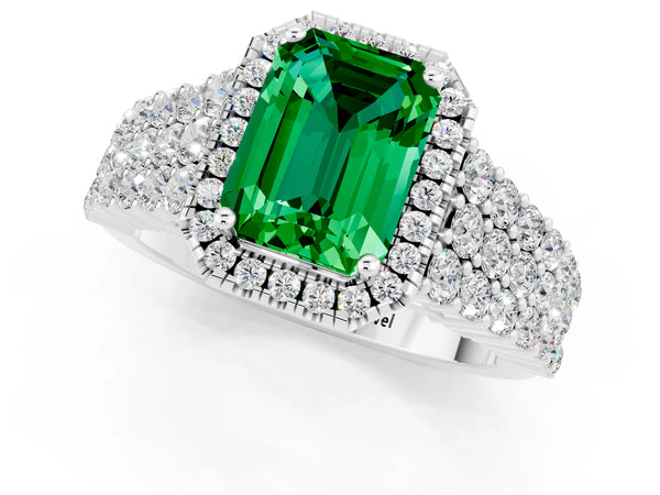 Silver Emerald Cut Emerald Halo Engagement Ring with Triple Row Round Pavé Band and Prong Setting