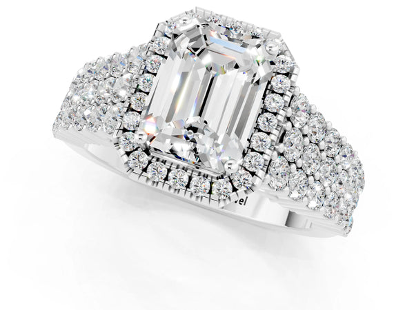 Silver Emerald Cut Moissanite Halo Engagement Ring with Triple Row Round Pavé Band and Prong Setting