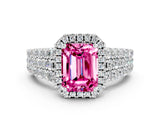 White gold Emerald Cut Halo Pavé Diamond Engagement Ring with Split Shank and Four-Prong Setting