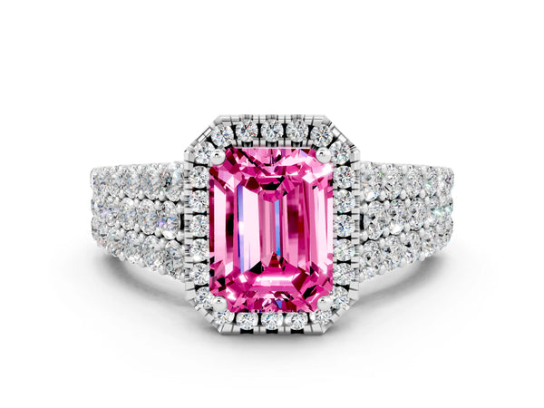 Platinum Emerald Cut Pink Sapphire Halo Engagement Ring with Triple Row Round Pavé Band and Prong Setting