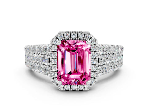 White gold Emerald Cut Halo Pavé Diamond Engagement Ring with Split Shank and Four-Prong Setting