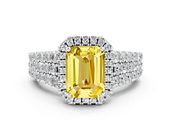 Platinum Emerald Cut Yellow Sapphire Halo Engagement Ring with Triple Row Round Pavé Band and Prong Setting
