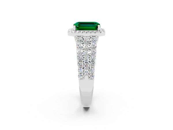 Platinum Emerald Cut Emerald Halo Engagement Ring with Triple Row Round Pavé Band and Prong Setting