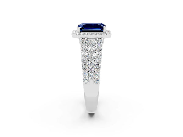 Platinum Emerald Cut Blue Sapphire Halo Engagement Ring with Triple Row Round Pavé Band and Prong Setting