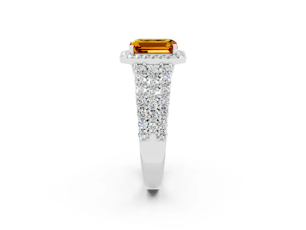 Silver Emerald Cut Citrine Halo Engagement Ring with Triple Row Round Pavé Band and Prong Setting