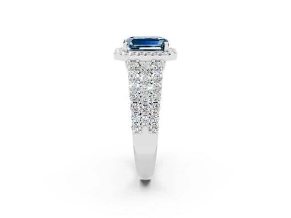 White gold Emerald Cut Aquamarine Halo Engagement Ring with Triple Row Round Pavé Band and Prong Setting