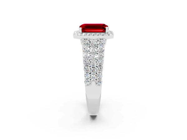 Silver Emerald Cut Halo Pavé Diamond Engagement Ring with Split Shank and Four-Prong Setting