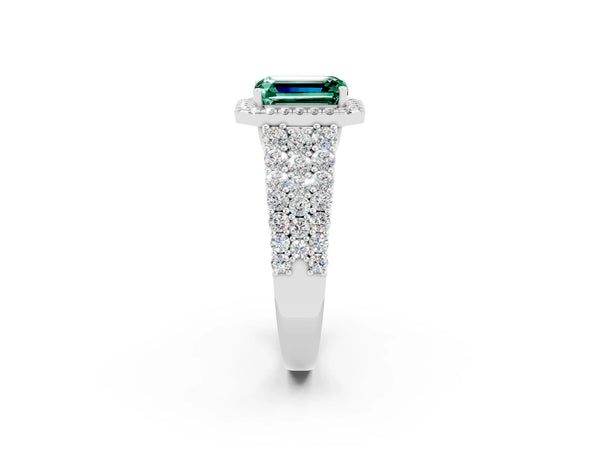 Silver Emerald Cut Green Sapphire Halo Engagement Ring with Triple Row Round Pavé Band and Prong Setting