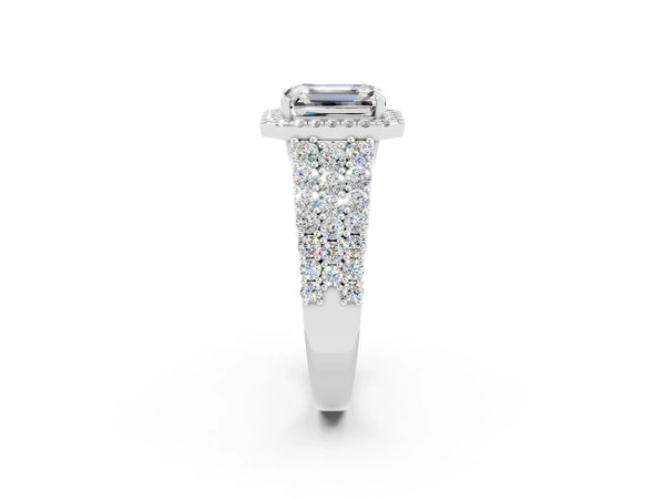 Silver Emerald Cut Moissanite Halo Engagement Ring with Triple Row Round Pavé Band and Prong Setting