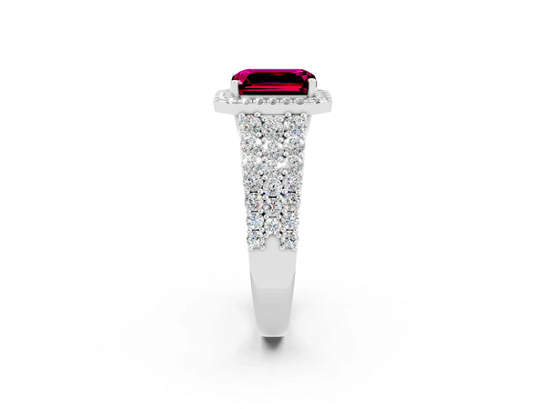 White gold Emerald Cut Garnet Halo Engagement Ring with Triple Row Round Pavé Band and Prong Setting