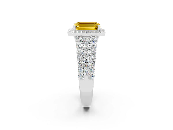 Silver Emerald Cut Yellow Sapphire Halo Engagement Ring with Triple Row Round Pavé Band and Prong Setting